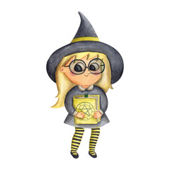 Hand-drawn watercolor little blonde witch in a hat with a book and glasses