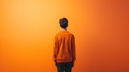 Person in Orange Sweater Facing Bright Orange Background