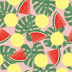 Seamless pattern with hand drawn  watermelon, lemon slace and tropical monstera leaves on pink background.