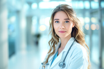 Doctor Portrait: photography of a doctor / surgeon / pharmacist standing in hospital, with blurred background. 