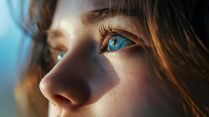 Close-Up of Blue Eye Gazing Into Distance with Sunlit Face