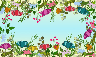 Floral pattern with colourful flowers and leaves, branches, spring illustration, bright blossom background, for postcard, greetings card, invitation, for consideration birthday, nice frame