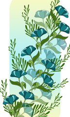 Holiday greetings card with blue flowers and branches, spring background, bright card, colored design floral pattern, frame, postcard for invitation, for birthday, for congratulation