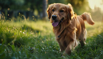 A beautiful big dog walking in the grass