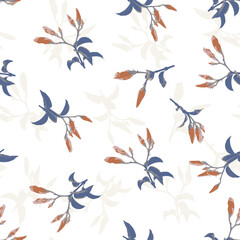 Vintage flower and leaves seamless pattern.Abstract geometric Botanical cyan blue flower spring orange leaf  pattern background. 