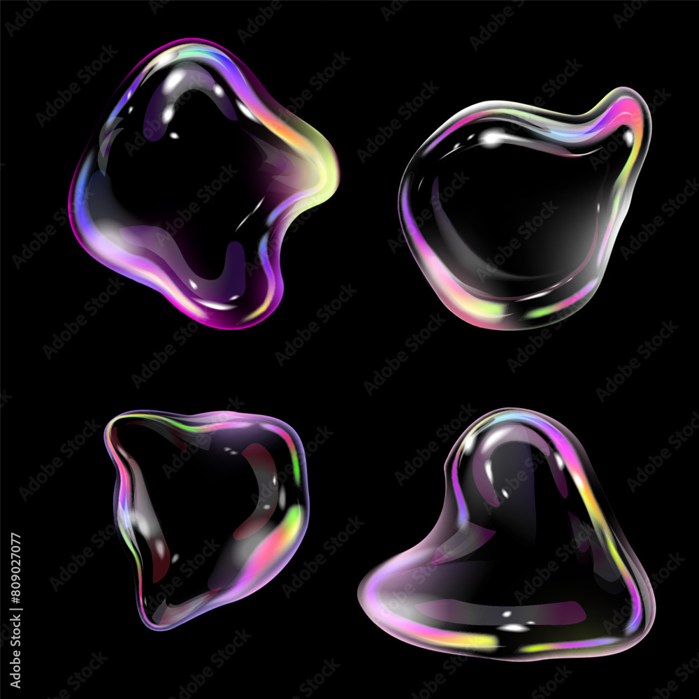 Poster iridescent bubble of different shapes design elements set. 3d glowing soap bubbles isolated on black