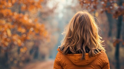 Woman in Orange Jacket Walking in Autumn Forest