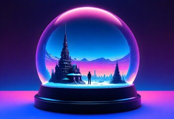 Cyberpunk snow globe ai image vaporwave neon color
