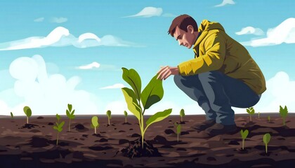 A green sprout is guarded by a man. Concept of controlled progress and evolution