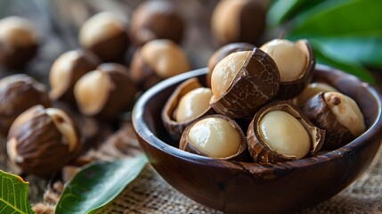 Shelled Macadamia Nuts in Wooden Bowl Rustic Table Closeup Healthy Snack