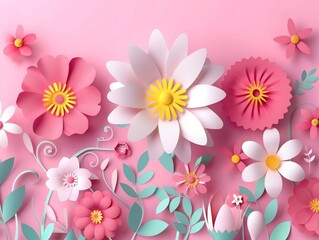 Fototapeta premium Elegant background for Mother's Day with paper cut flowers. Presentation design template, commercial banner, web banner and poster template for international Mother’s Day celebration.