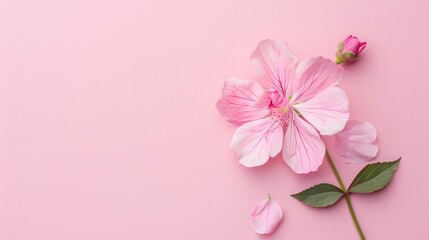 Pink Hibiscus Flower on Pink Background Minimal Flat Lay Composition