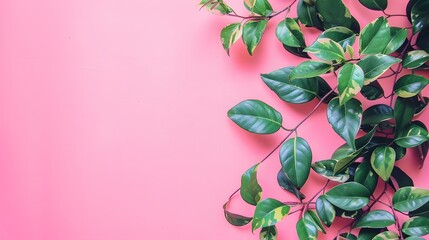 Tropical Leaves on Pink Background Vibrant Flat Lay Frame