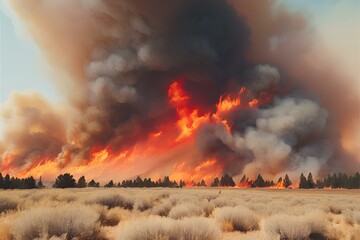 Wildfires raging across a landscape, with billowing smoke and flames illustrating, Global warming, wildfires photo