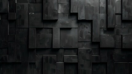 Abstract background of a detailed view of an abstract arrangement of black panels, featuring diverse textures and subtle reflective details that create a modern, industrial aesthetic
