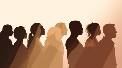 Diverse Community of Men and Women in Earth Tone Silhouette Profile - Vector Illustration Representing Unity and Togetherness in Global Society - obrazy, fototapety, plakaty
