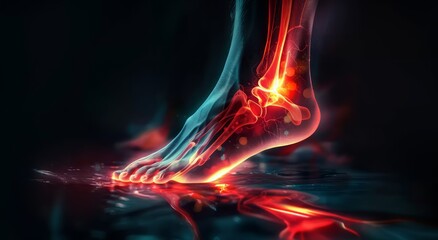The foot glowing red areas indicate pain and the muscular system