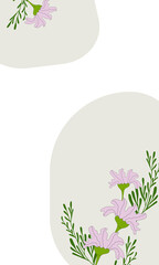 Design geometric postcard with figures and pink flowers on a white background, for holiday card, colored design floral pattern, frame, postcard for invitations, for birthday, spring illustration