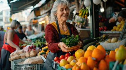 middle-aged owner sell fresh vegetables and fruits at an outdoor farmer's market