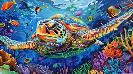 Tropical Turtle Encounter, A playful, brightly colored turtle in tropical waters, surrounded by small fish and coral, depicted in a vibrant, lively style to capture the essence of ocean life
