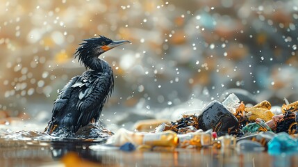 An oils oaked bird struggling to escape plastic waste caught in coastal rocks