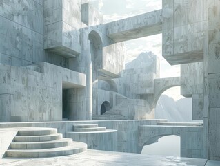 Create an image of a concrete brutalist structure with a large central staircase leading up to a grand entrance