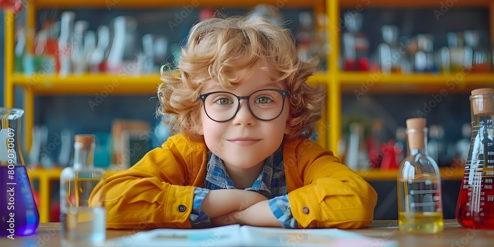 Poster curious young scientist explores educational concepts in colorful classroom setting