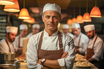 Portrait of a chef standing with his team in the kitchen of a restaurant. cooking concept