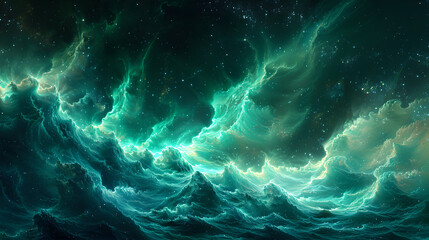 Majestic Turquoise Waves Illuminated by Cosmic Light, Generative AI