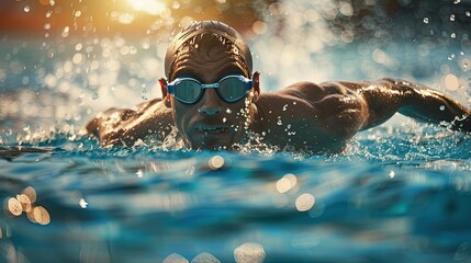male athlete swimmer competing. wearing a swim cap and goggles. water sports