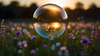 A shimmering, iridescent bubble hovering gracefully above a field of blooming wildflowers, catching the light of the setting sun