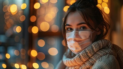 Woman enjoying a peaceful moment with a facemask, focus on her content expression, warm lighting
