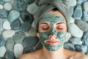Woman indulging in skin care with a facemask, focused on texture and relaxation, soothing tones