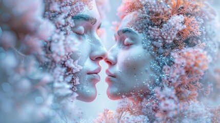 captivating image of lovers in a side view embrace, intertwining with microscopic nanotechnology structures, blending surrealism for ethereal effect