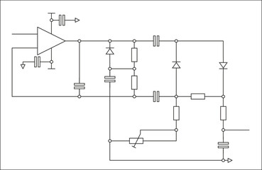 Template of schematic diagram of electronic device.
Vector drawing electrical circuit with 
operational amplifier, resistor, capacitor,
diode, other components 
on white background of paper sheet.