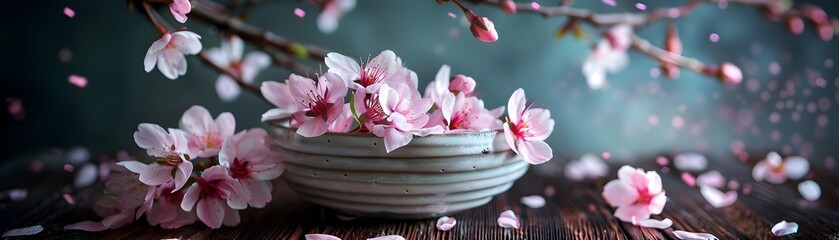 Delicate Pink Cherry Blossoms in Sleek White Basket on Rustic Wooden Table with Moody Backdrop