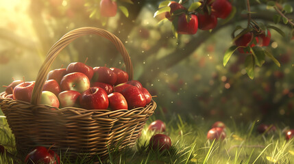 Autumn apples in a basket against a background of trees. sunny day. Generative AI