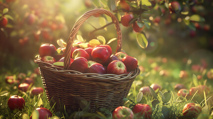 Autumn apples in a basket against a background of trees. sunny day. Generative AI