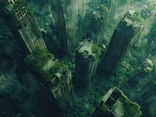 A lush green jungle has taken over the abandoned city