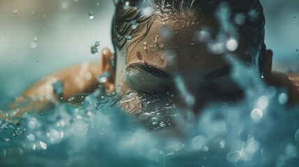A detailed view of a person swimming in a body of water, showcasing the individuals movements and the surrounding aquatic environment. - Powered by Adobe
