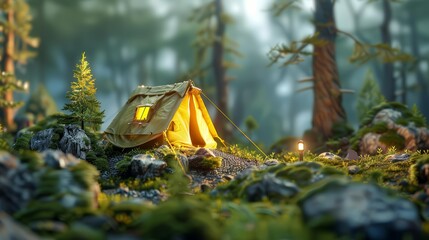 A beautiful green tent sits in a lush forest. The sun is shining through the trees, and a lantern is glowing by the tent. The tent is surrounded by rocks, moss, and trees.