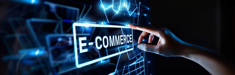 A person hand touching e commerce text on virtual screen