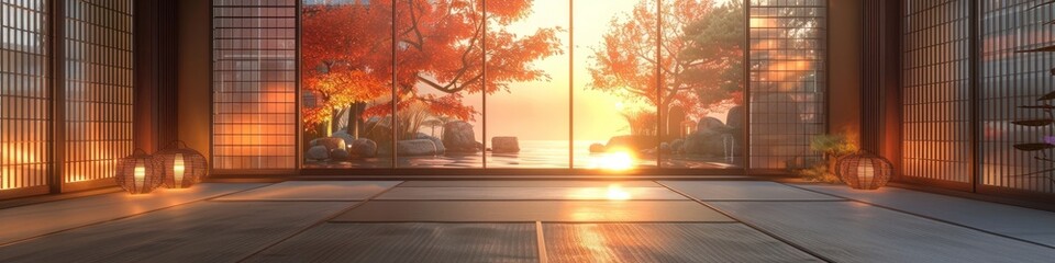 Warm Amber Glow Over Serene Japanese Inspired Interior with Minimalist Decor and Natural Wood