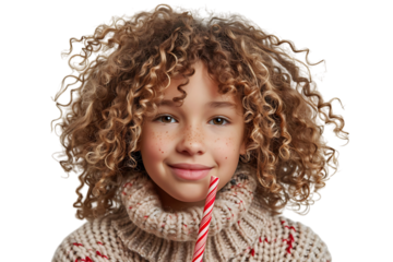 Amusing cute curly girl making funny face using candy cane on isolated transparent background