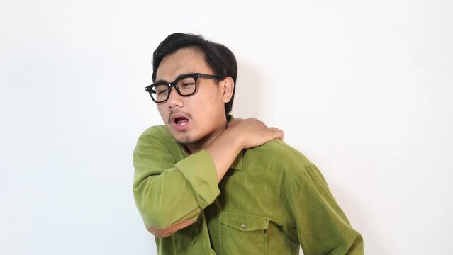 Shoulder Injuries, asian man with pain in shoulder, Ache in human body , office syndrome , health care concept