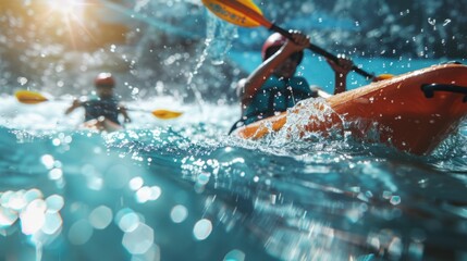 Two individuals are propelling kayaks by paddling through the water.