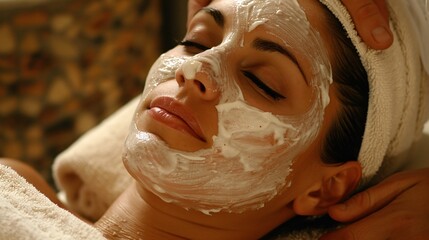 Young woman enjoying a facial treatment at a high-end spa, ideal for beauty products or spa resort promotions.