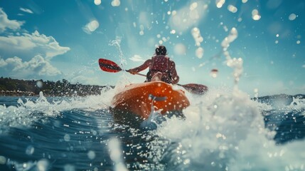 Fototapeta premium A man is riding on top of a red boat in the ocean.