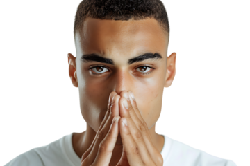 Close up portrait of young man holding his nose as if smelling something on isolated transparent background