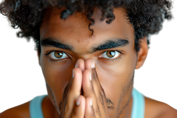 Close up portrait of young man holding his nose as if smelling something on isolated transparent background